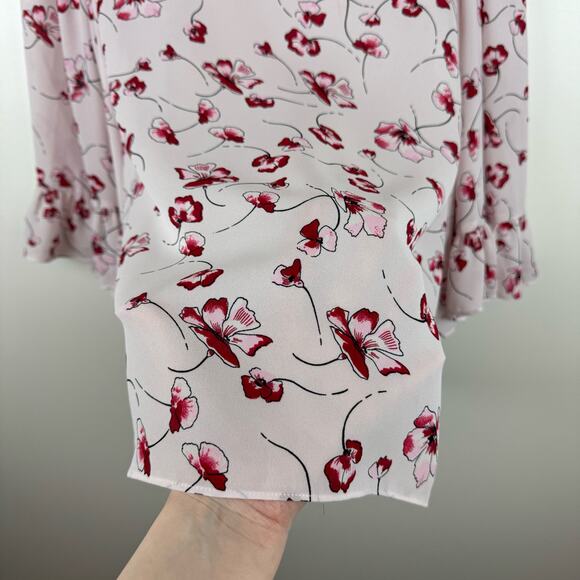 CeCe Womens Sheer 3/4 Sleeve Blouse in Red and Pink Floral Sz M | Feminine Girly - Picture 5 of 12